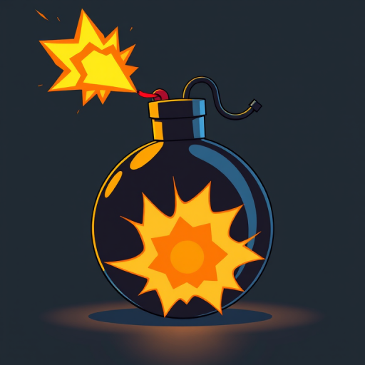 create a cartoon-style image of a bomb with a lit fuse and an explosion effect in bright colors, use a 50mm lens with f/2.8 aperture, set ISO to 200, and include a soft focus background for depth, use digital art style and high-resolution quality.