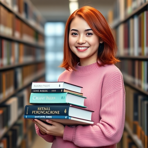 this is an image of a young women with shoulder length red hair, pink sweater, standing in a library, holding a stack of books, smiling