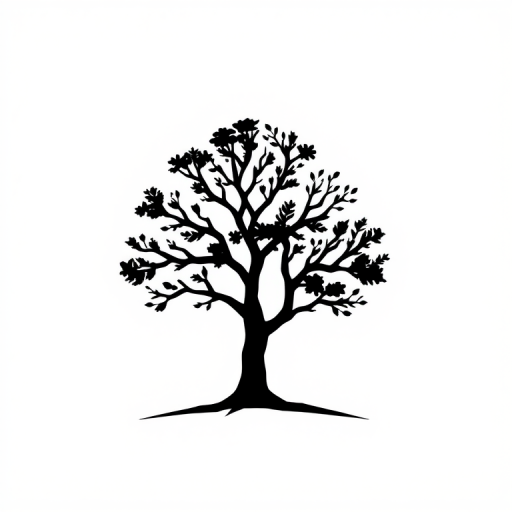 Generate an abstract black icon on a white background featuring a stylized tree, captured with a Canon EOS R5, 50mm lens, aperture f/1.8, ISO 100, shutter speed 1/125s, shot from a slightly elevated angle for depth, using a high-contrast monochrome style to enhance clarity.