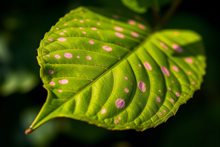 A vibrant green leaf with pink speckles, captured in natural light using a DSLR camera, 50mm lens, f/2.8 aperture, ISO 100, 1/200s shutter speed, shallow depth of field, against a softly blurred dark background.