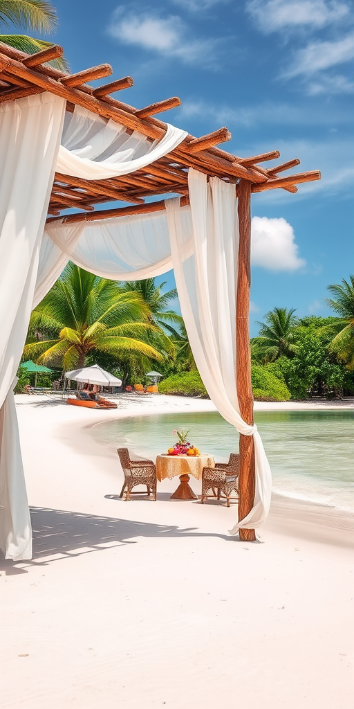 Create a picturesque tropical beach scene featuring a serene, white sandy shore. In the foreground, there's a rustic wooden canopy with white drapes gently flowing in the breeze. Underneath the canopy, a table is set with tropical decor, evoking a sense of relaxation and leisure. The beach extends into a calm, shallow water area with reflections of the sky and surroundings. Palm trees and lush greenery line the edge of the beach, providing a natural, tropical backdrop. The sky is clear with a few scattered clouds, and the overall atmosphere is tranquil and inviting, perfect for a peaceful retreat.