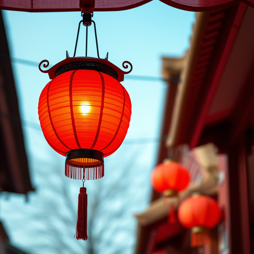 A vibrant red Chinese lantern hanging against a soft-focus background, taken with a DSLR camera at f/2.8, ISO 100, 50mm lens, natural lighting, top-down view, high dynamic range to bring out details and colors.