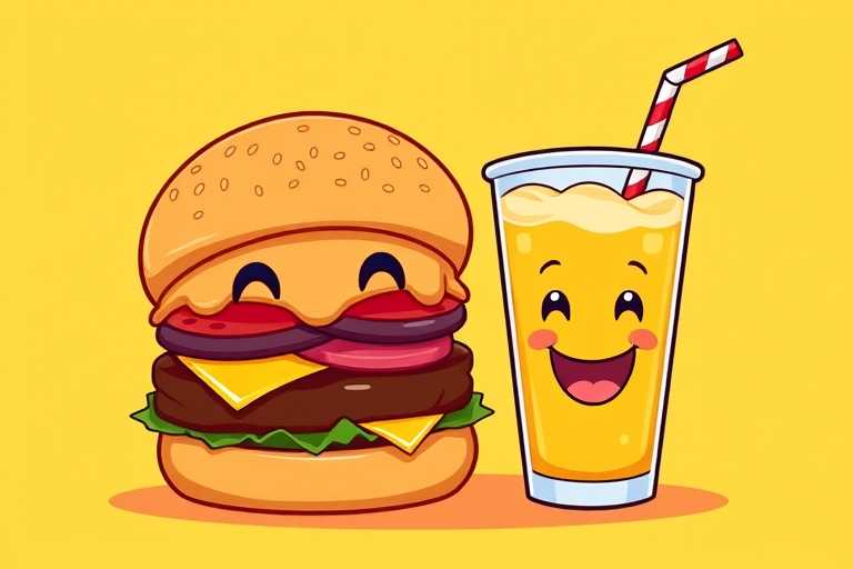 Create a vibrant cartoon illustration of a smiling burger and a cheerful drink with straws, set against a bright yellow background, using a Canon EOS R5 camera with an aperture of f/5.6, shutter speed of 1/200s, ISO 100, 24mm lens for a crisp and colorful finish.