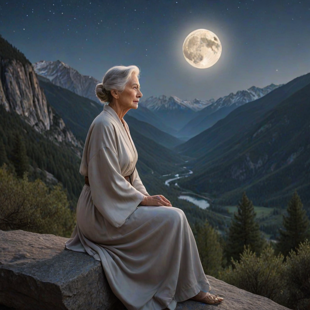 Create a serene night scene with a thoughtful older woman gazing at a full moon over mountains, dressed in elegant, flowing attire, capturing a sense of nostalgia and tranquility.