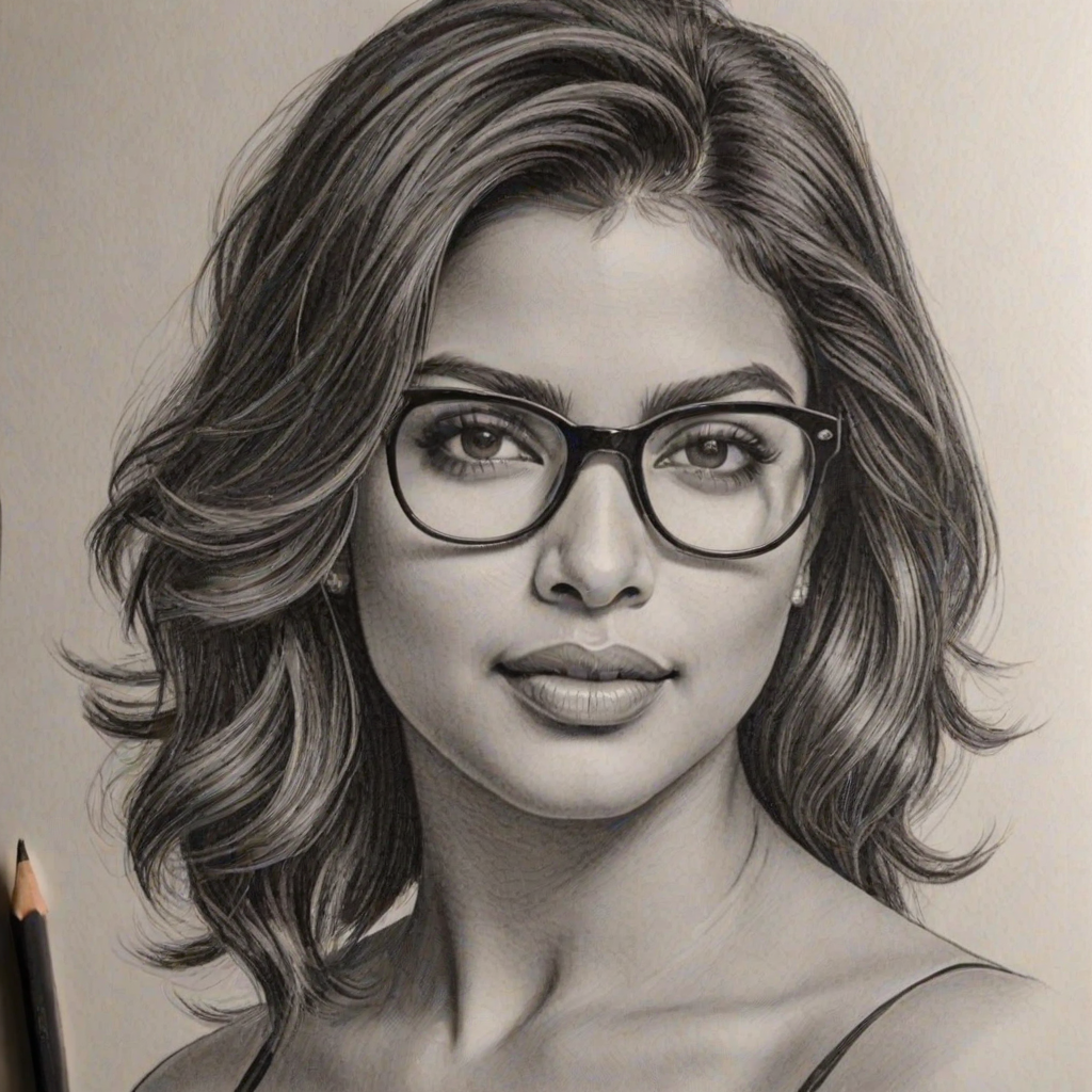 Magnificent Priyanka Chopra, pencil sketch, portrait of Gorgeous woman 1954s in glasses, hair style beatnik, outline, clear lines, fine lines, 8k