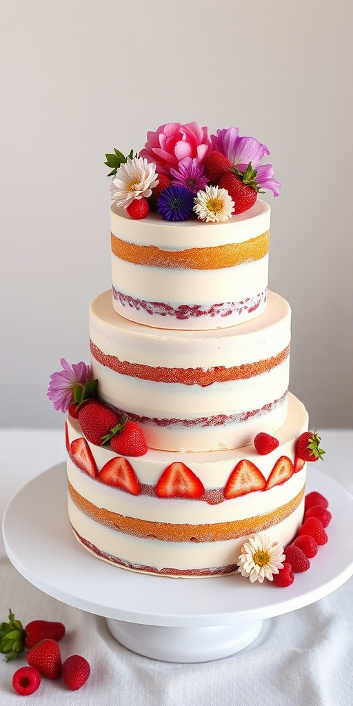 Three tiered cake decorated with fresh strawberries raspberries and edible flowers placed on a white serving plate against a light background