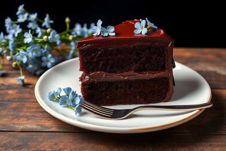 A slice of rich chocolate cake with layers of dark chocolate frosting on a white plate adorned with delicate blue flowers and a vintage fork on a rustic wooden table against a dark background.