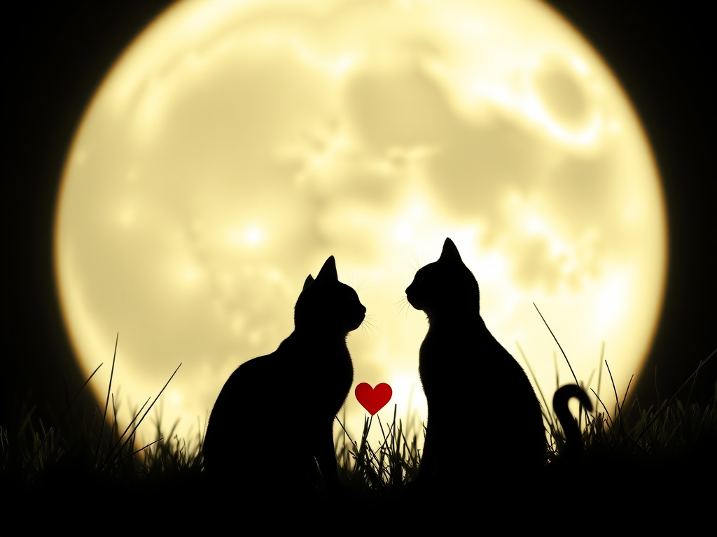Create an image of two silhouetted cats sitting together in front of a large glowing moon, surrounded by grass, with a small red heart between them, captured with a DSLR camera, f/2.8 aperture, ISO 100, 50mm lens, low-angle view, soft focus style.