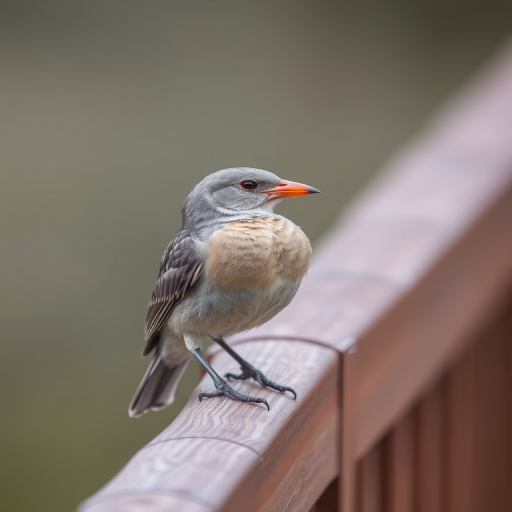 Capture a side profile of a bird with gray feathers and a bright red beak perched on a wooden railing, using a DSLR camera with a 50mm lens, aperture f/2.8, ISO 200, and a shallow depth of field to emphasize the bird against a blurred background.