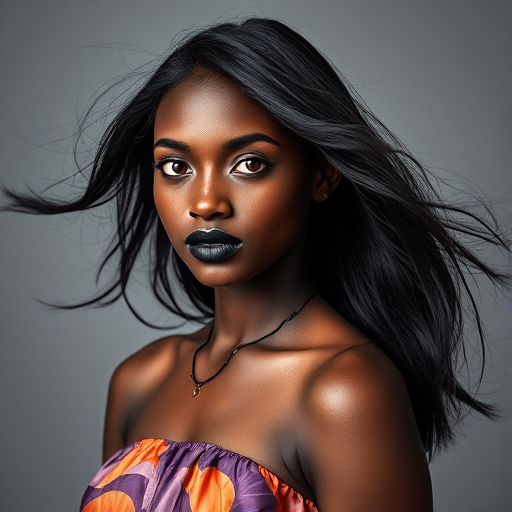 Photographic image of a beautiful young Kikuyu woman, red eyes, lips with black lipstick, long hair fluttering in the wind and wearing a silk strapless dress with a soft purple and orange print. monochrome image with only color highlights in the iris of the eyes, lipstick and dress. Gray background.