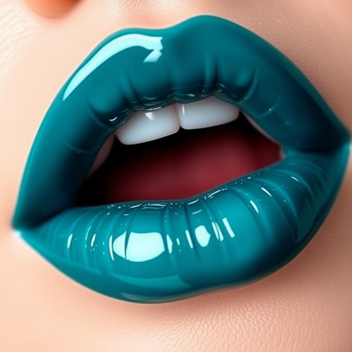 Glossy teal lips named "Ocean Depths" feature a rich, jewel-toned hue with a high-shine finish, perfect for mermaid-themed costumes and underwater photoshoots