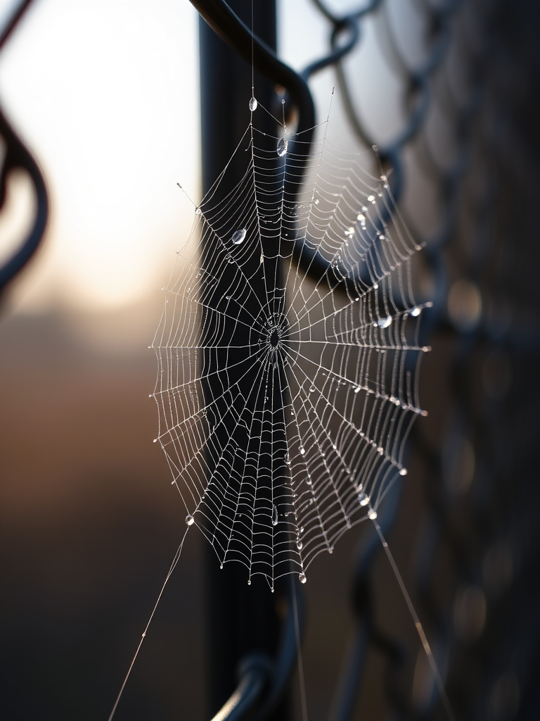 close-up of a spider web glistening with dew on a black chain-link fence during early morning light, aperture f/2.8, shutter speed 1/250s, ISO 200, macro lens, natural light, DSLR camera