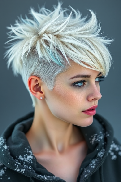 Frosty platinum blonde pixie cut with icy blue tips, Arctic's hair embodies the essence of winter, featuring spiky texture and a swept-back style that resembles windswept snow