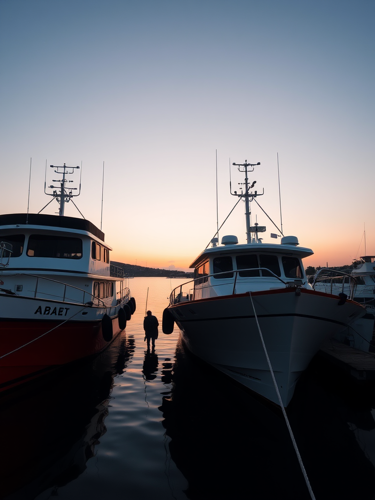 Capture a serene harbor scene at sunset featuring two boats docked side by side, with calm water reflecting the pastel sky, using a DSLR camera, aperture f/8, ISO 100, shutter speed 1/125s, in a wide-angle shot for depth and clarity.