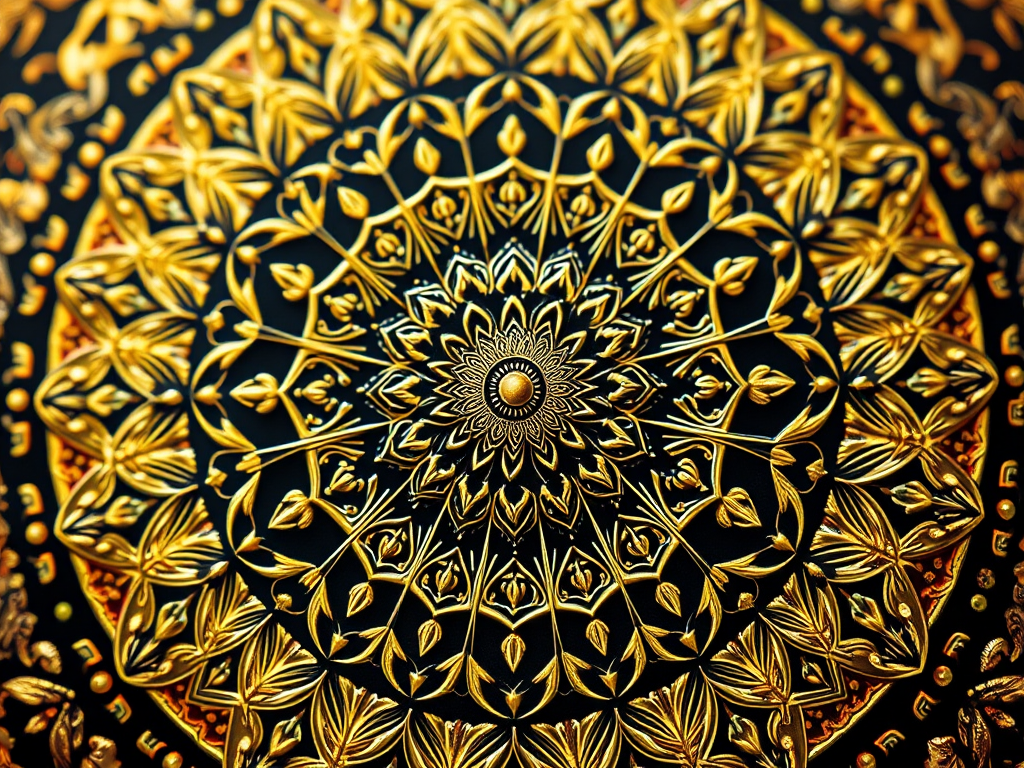 Create an intricate gold and black mandala pattern featuring ornate details and symmetrical designs, captured with a Canon EOS R5 at f/8, 1/200s, ISO 100, with a macro lens in a top-down view to enhance texture and detail.