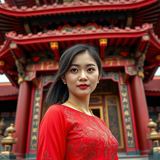 Portrait of a woman in a red dress with a serene expression, posed in front of an ornate pagoda surrounded by intricate decorations, taken with a Canon EOS R5, 24mm lens, f/2.8, ISO 100, 1/250 sec, in vibrant colors and high dynamic range.