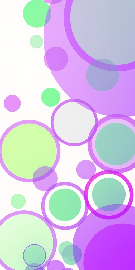 Create a vibrant abstract illustration featuring a series of interconnected circular shapes in gradient colors from purple to green on a neutral background, shot with a Canon EOS R5 at f/8, 1/250s shutter speed, ISO 100, using a macro lens to enhance detail and clarity.