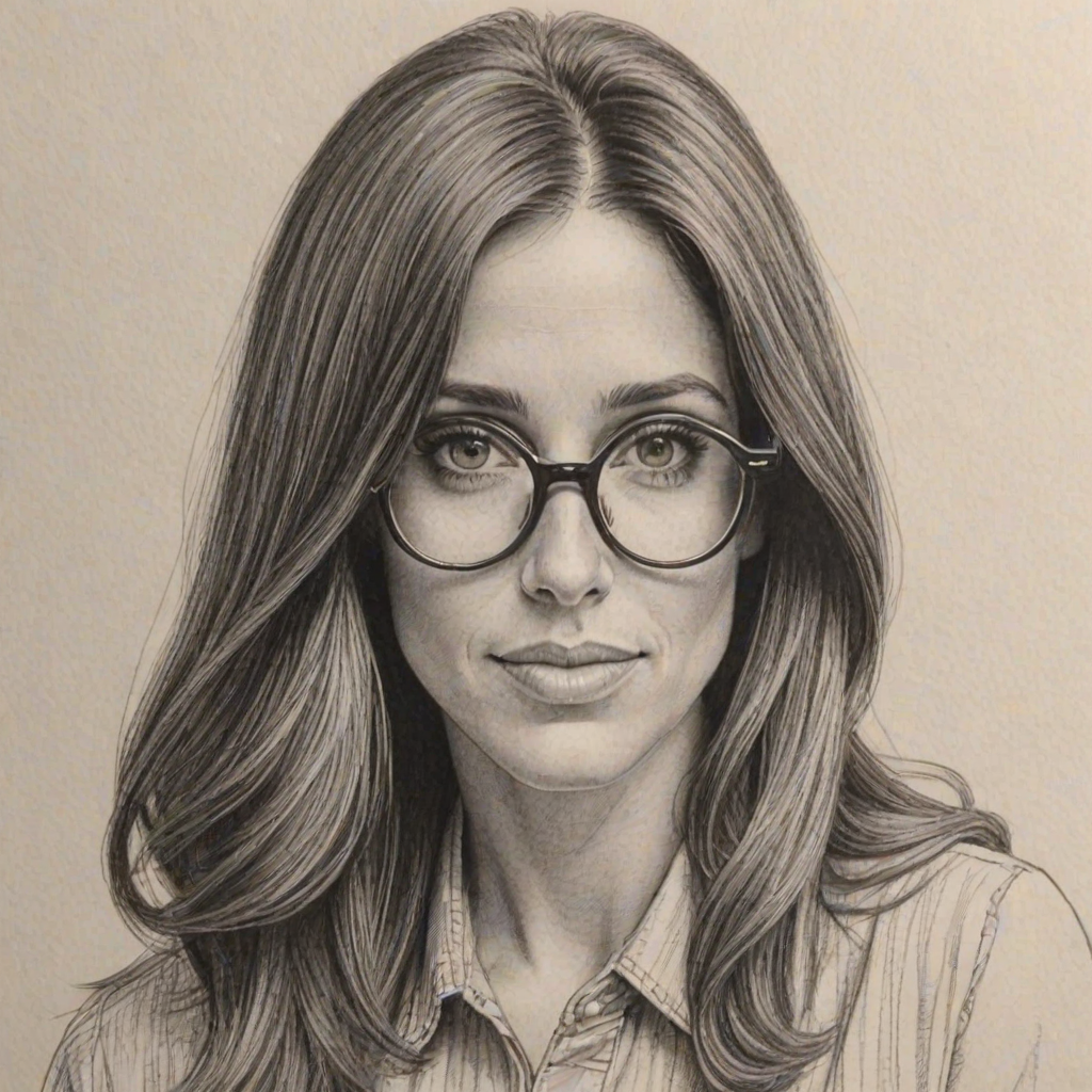 Alluring Soleil Moon Frye, pencil sketch, portrait of Lovely woman 1965s in glasses, hair style beatnik, outline, clear lines, fine lines, 8k