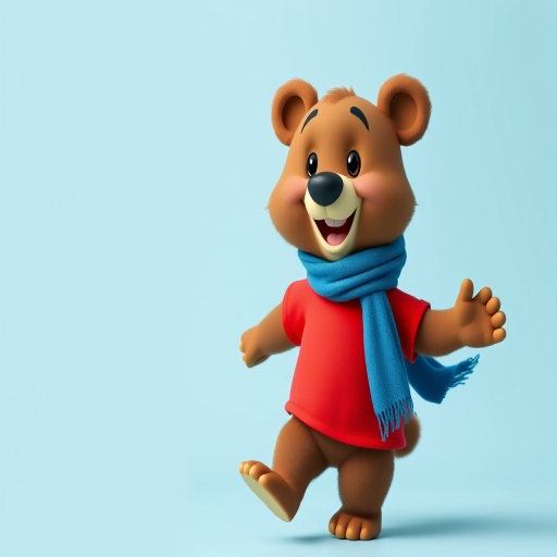 Generate a cartoon character of a bear wearing a red shirt and blue scarf, dancing happily against a light blue background, using a Canon EOS R5 with a 50mm f/1.2 lens, aperture set to f/2.8, ISO 100, and natural lighting for enhanced color vibrancy and detail.