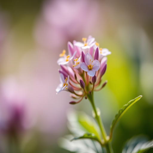 capture a close-up of a flowering plant with a soft focus background, f/2.8 aperture, 50mm lens, ISO 200, natural lighting, macro photography style using a DSLR camera