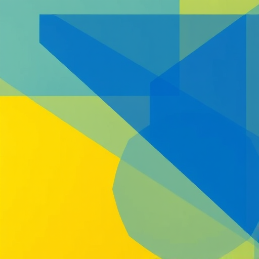 Create an abstract image with overlapping blue geometric shapes on a vibrant yellow background, using a Canon EOS R5, f/8 aperture, 1/60 shutter speed, ISO 200, wide-angle lens, and a soft focus style to enhance color gradients and depth.
