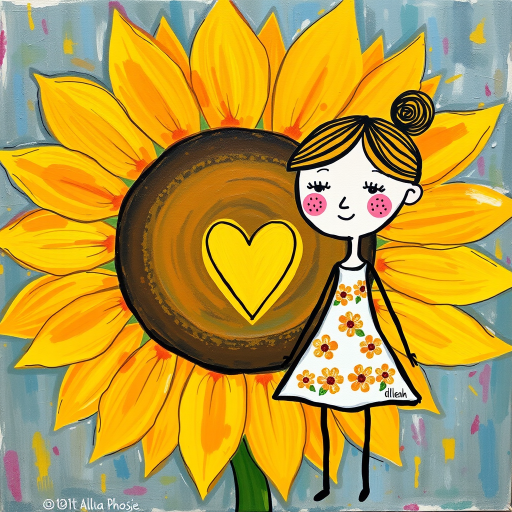 Stylized impressionism painting of a large sunflower with an oversized center and colorful petals. Beside, a young female character with eyes represented by dots and a mouth by a line, pink cheeks, hair attached, arms and legs a black line, flowery white dress triangle shape. A yellow heart surrounded by a black line between the two. Textured background with touches of colorful paint. Childish style.