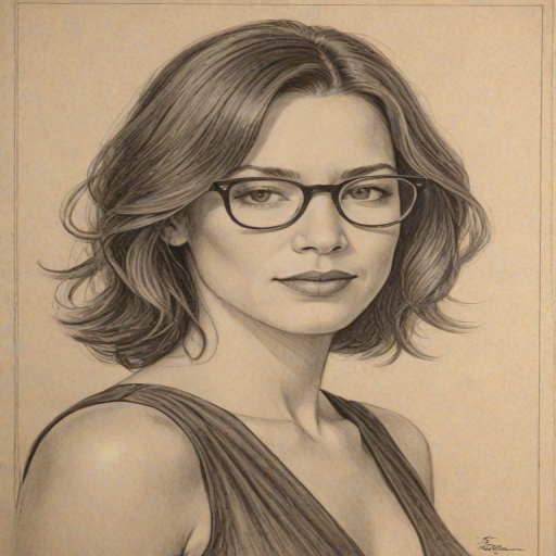 Elegant Brooke Langton, pencil sketch, portrait of Magnificent woman 1925s in glasses, hair style beatnik, outline, clear lines, fine lines, 8k