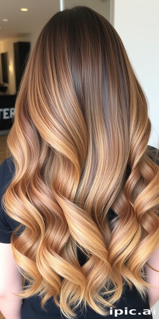 Elegant balayage ombre transitioning from dark roots to honey blonde ends, long wavy tresses cascading down the back, exuding effortless glamour and sophistication