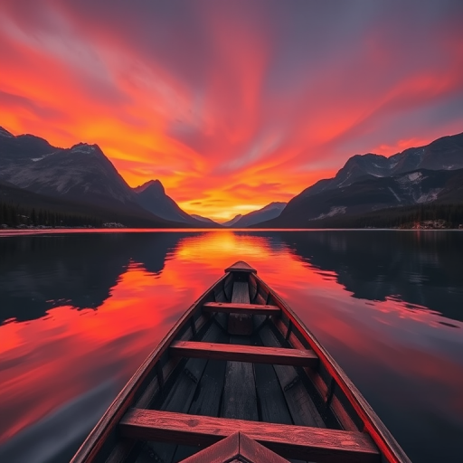 A serene lake at sunset with a wooden boat in the foreground, reflecting vibrant colors in the water, surrounded by majestic mountains and lush trees; camera settings: f/8, ISO 100, 1/125s; camera view: wide-angle; camera style: landscape photography; camera type: DSLR.
