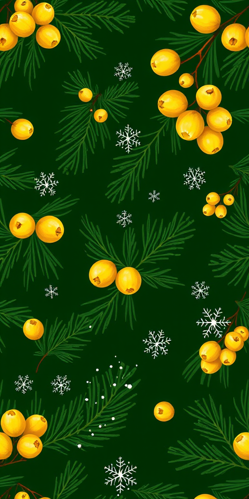 Create a seamless pattern of green forest elements featuring light yellow berries, pine needles, and white snowflakes on a dark green background, taken with a DSLR camera at f/2.8, ISO 100, 50mm lens, top-down view, painterly style.