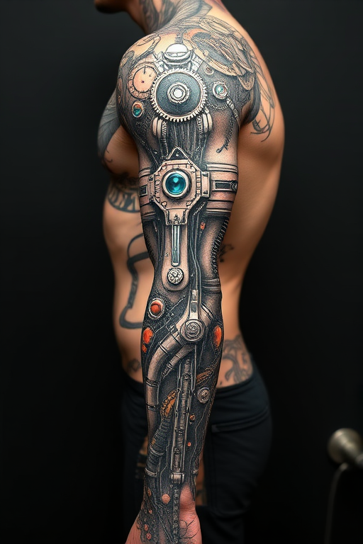 Futuristic biomechanical tattoo called "Cybernetic Evolution" depicting intricate machinery and circuitry seamlessly blending with human anatomy, creating a stunning and unique full sleeve design