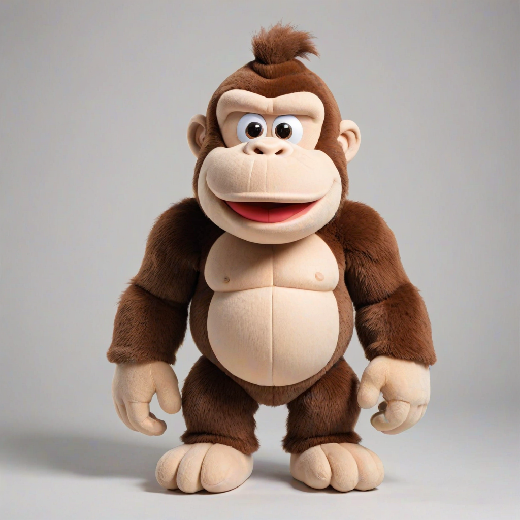 Donkey Kong children's version of an adorable and cute cotton plush with a full body on a white background. A good front pose is visible with extreme quality and every detail. The image features good lighting, a well-chosen color palette, and a 3D appearance.