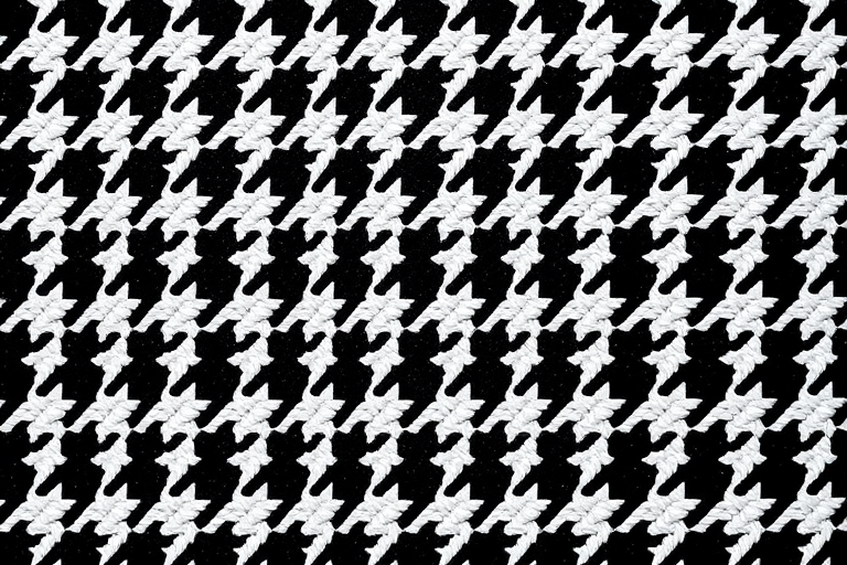 Create a high-resolution image of a houndstooth pattern in black and white, using a DSLR camera with a 50mm lens at f/8, ISO 100, and a shutter speed of 1/125 sec, shot from a top-down view to enhance texture and detail.
