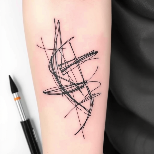 Sketch style tattoo titled "Artist's Sketchbook" depicting loose, gestural lines and shading techniques to create the illusion of a hand-drawn illustration come to life on the skin