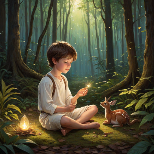 A luminous digital painting of a serene forest scene featuring a barefoot young boy, about 7 years old, with brown hair and fair skin, dressed in a simple white outfit. He sits cross-legged on the forest floor, gazing at a small, glowing, magical firefly in his hand. Beside him, a delicate spotted deer lies calmly on a bed of dried leaves, observing the scene. The dense forest is bathed in warm, golden light filtering through the trees, creating a peaceful, magical atmosphere with a blend of natural and mystical elements.