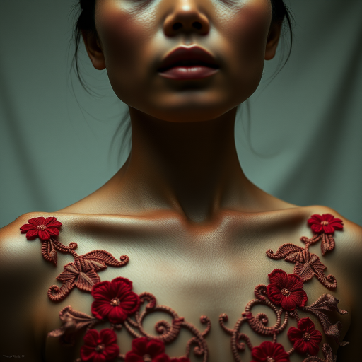 Face, shoulders, chest covered in openwork Vietnamese embroidery. Raw, unedited image.