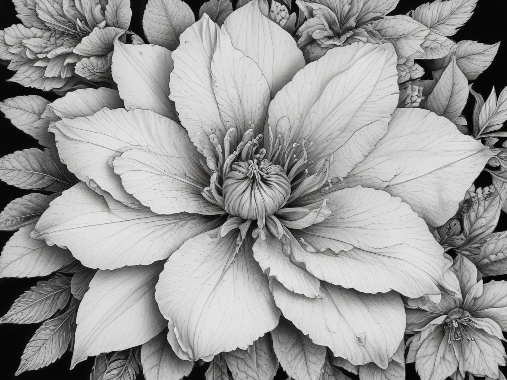 Intricate Black and White Floral Design Featuring a Stunning Blooming ...