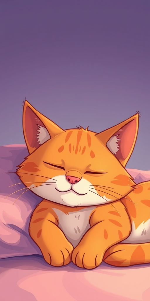 Create a cartoon illustration of a sleeping orange tabby cat with exaggerated features, overlay a soft, warm color palette, use a digital art style, and simulate a 50mm lens with a shallow depth of field at f/2.8 for a dreamy effect and increased brightness.