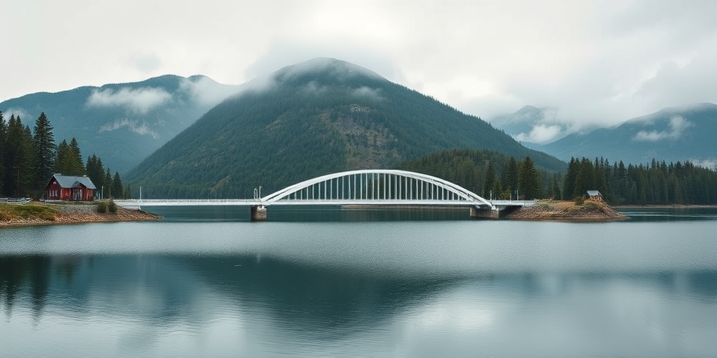 scenic view of a white bridge over a calm lake surrounded by mountains and trees during a cloudy day, shot with a Canon EOS R5, 50mm lens, f/2.8 aperture, ISO 100, soft natural lighting, landscape orientation