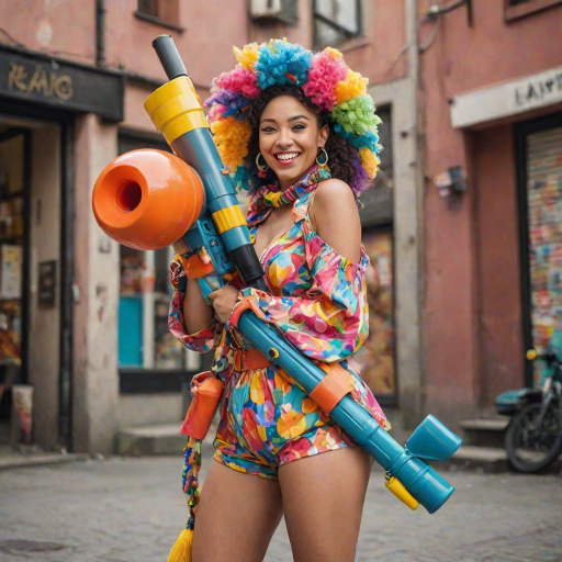 A playful woman holds a bazooka with a mischievous grin, her pose exaggerated and cartoonish. She’s dressed in a colorful, quirky outfit with oversized accessories, giving her a whimsical and fun appearance. The bazooka, although large, is designed in a cute, almost toy-like style, adding to the humorous and lighthearted vibe of the scene. The background is bright and cheerful, enhancing the overall playful atmosphere.
We share ALL our prompts in the Bing Image Prompts group: