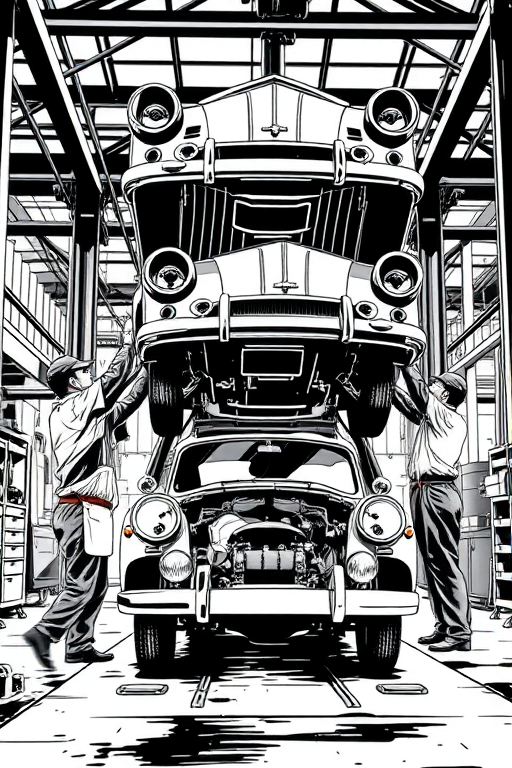 Create a high-resolution black and white illustration of a vintage car assembly scene with three workers lifting a car body overhead, captured from a low-angle view using a DSLR camera with a 35mm lens, aperture f/8 for sharpness, shutter speed 1/250s for motion freeze, and a high ISO of 400 for clarity.