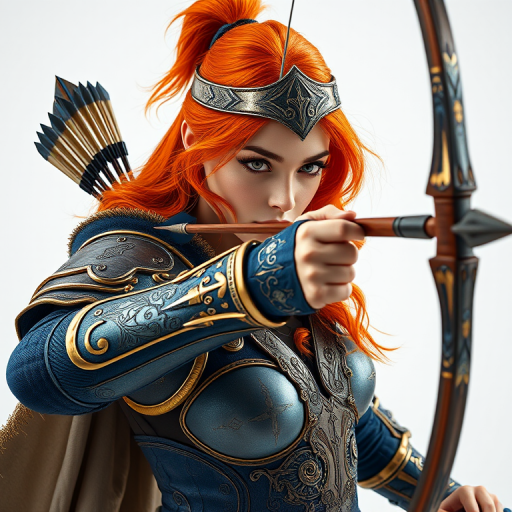 fantasy warrior woman with orange hair in ornate blue and gold armor shooting an arrow from a bow, high resolution, 50mm lens, f/1.8 aperture, ISO 100, natural light, studio setting