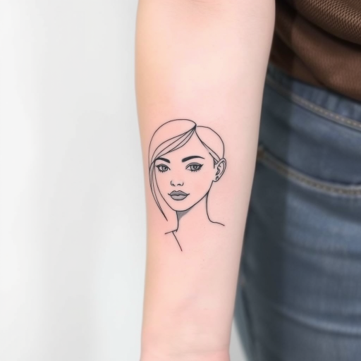 Minimalist fine line tattoo of a continuous one-line portrait on the forearm, showcasing delicate and precise linework with negative space to create a captivating and elegant design