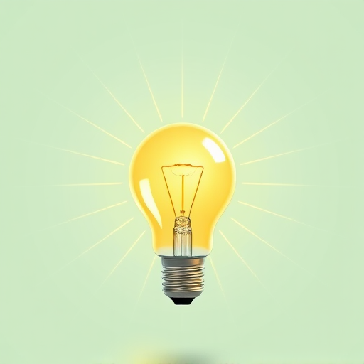Create a bright and vibrant illustration of a light bulb with radiating rays, using a DSLR camera with a 50mm lens, aperture set to f/1.8, shutter speed 1/100s, and ISO 200, capturing the image in a well-lit studio for a crisp and clear quality.