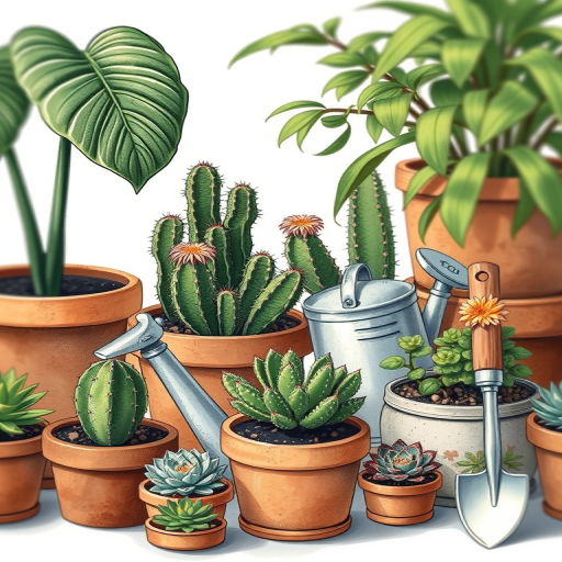 Create a highly detailed illustration of various potted plants, including a leafy plant, cacti with flowers, and small succulents, arranged with a decorative watering can and a trowel, using a soft focus effect, with a DSLR camera set to f/4 aperture, ISO 200, and a 50mm lens, in natural light.