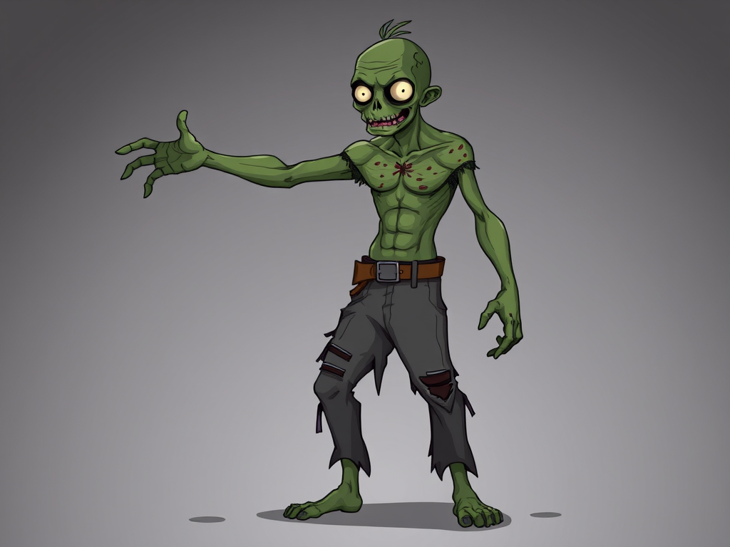 Create an illustration of a zombie character with green skin and a half-destroyed face, standing in a dynamic pose with an outstretched arm, wearing torn gray pants and a belt, set against a gradient background; use a digital camera with a 50mm lens, f/2.8 aperture, 1/125s shutter speed, and a soft focus effect for enhanced depth.