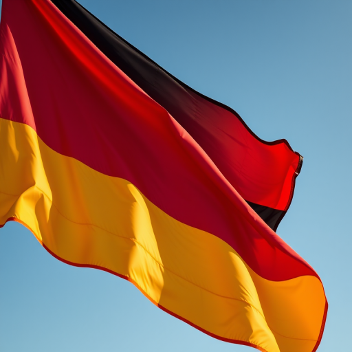 Create a high-resolution image of the German flag waving in the wind, using a DSLR camera with a 50mm lens, aperture set to f/2.8, ISO 100, at a wide-angle view to capture the vibrant colors and texture of the fabric.