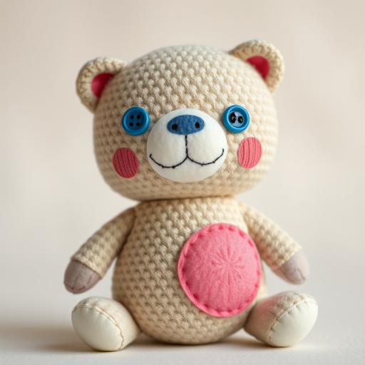 Generate a high-resolution image of a whimsical, stitched plush toy with blue button eyes and a pink patch on its chest, captured with a Nikon D850 camera, 50mm lens, f/2.8 aperture, ISO 100, and a soft-focus background to enhance depth.