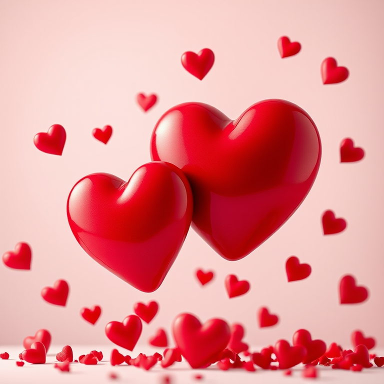 Create an image of two large red hearts with smaller red hearts floating around them, shot with a Canon EOS R5 at f/2.8, 50mm lens, ISO 100, in soft focus, with bright and vibrant colors.