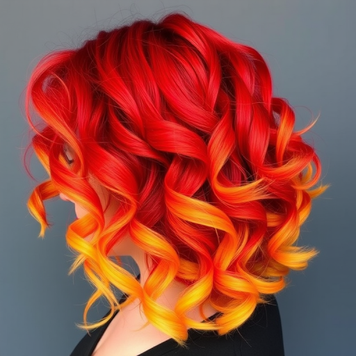 Fierce flame-inspired ombre from deep red roots to vibrant yellow tips, styled in voluminous curls for a bold and dynamic look named Phoenix Rising